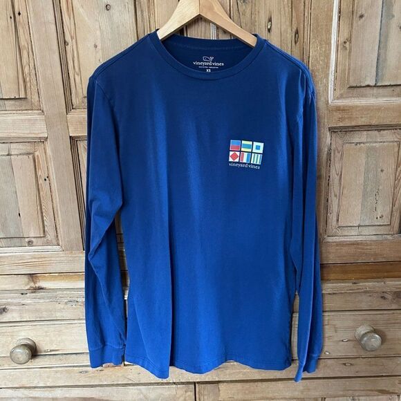Vineyard Vines Shirt XS Navy Flags Men’s Long Sleeve Collar Prep Nautical - Flaw - Picture 2 of 13
